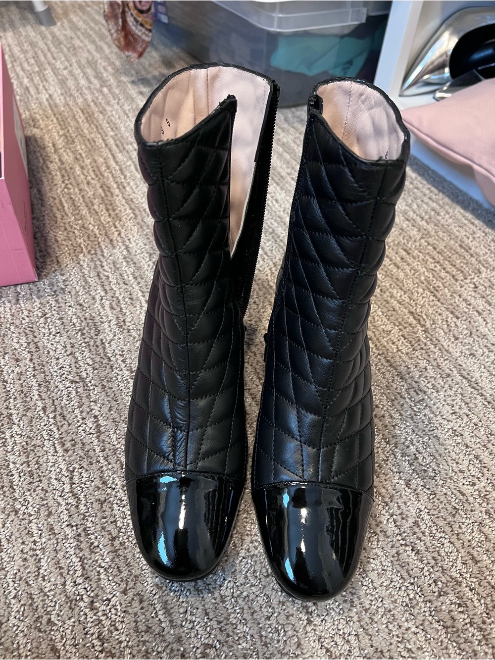 Paul Mayer Black Quilted Leather Ankle Boots with Patent Toe